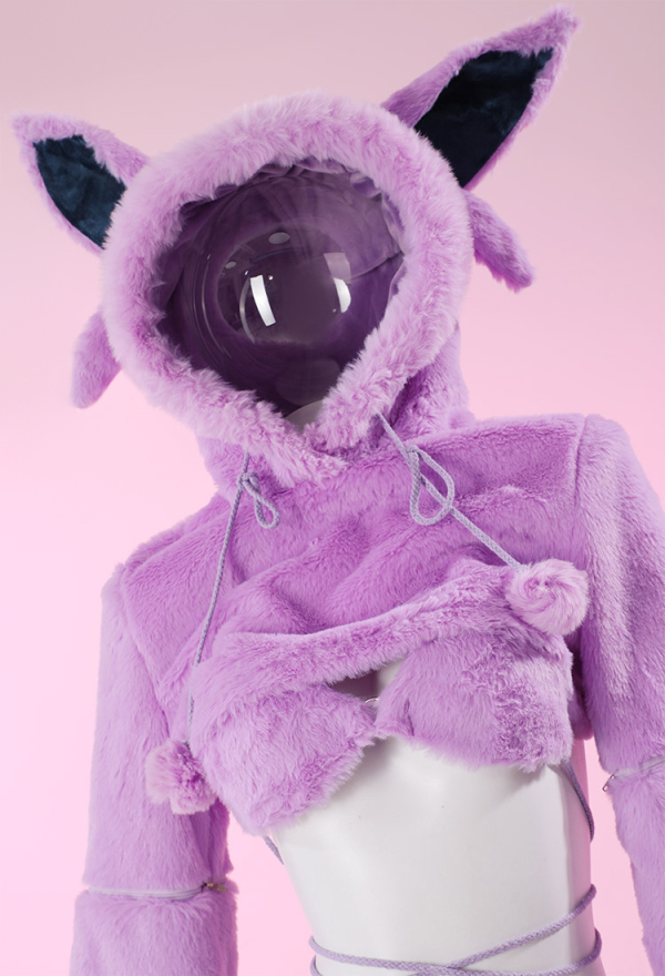 Furry Paw Sexy Lingerie Kawaii Purple Plush Homewear Paw Gloves Hoodie and Bra Panty with Stockings